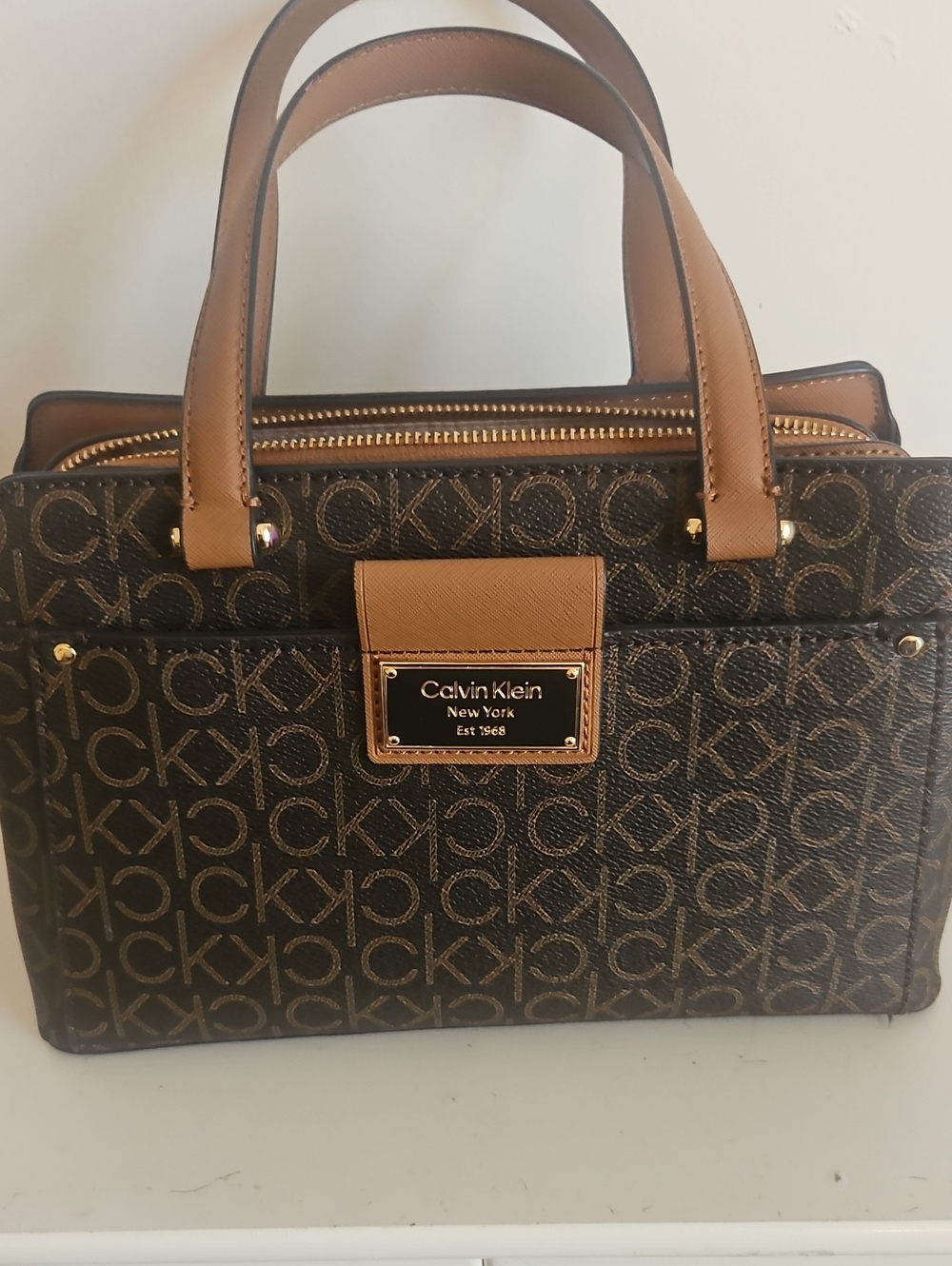 Calvin Klein Dark Brown Monogram Satchel with Tan Handles